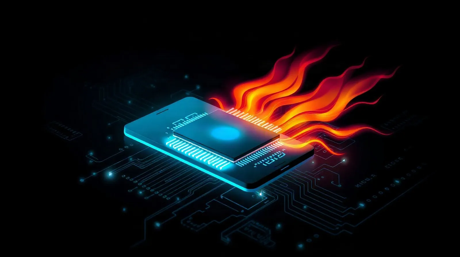 Ilustración abstracta de un chip de smartphone con ondas de calor que representan el sobrecalentamiento del procesador
