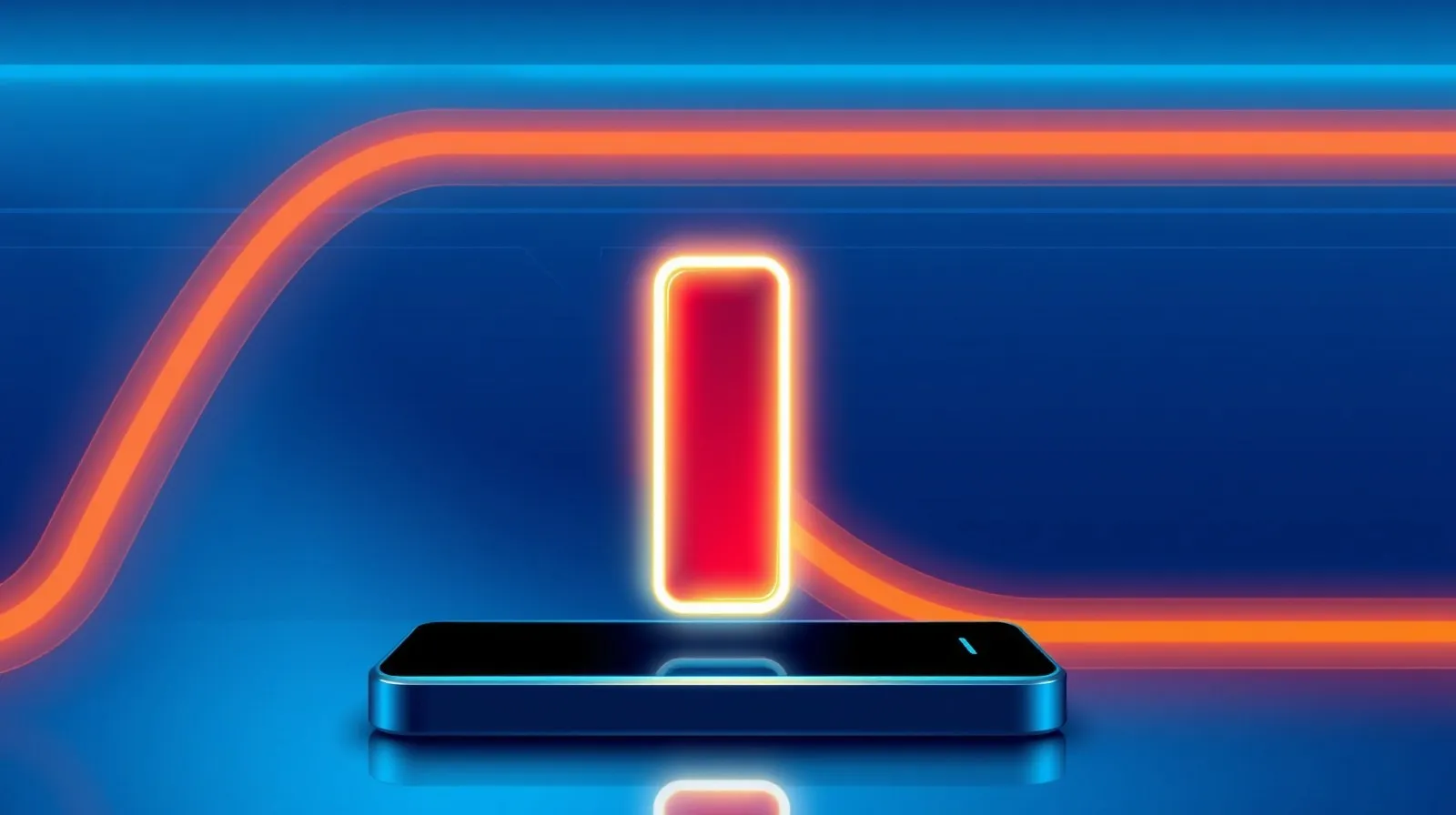 Ilustración abstracta de una batería de smartphone con luces de energía en tonos azules y naranjas