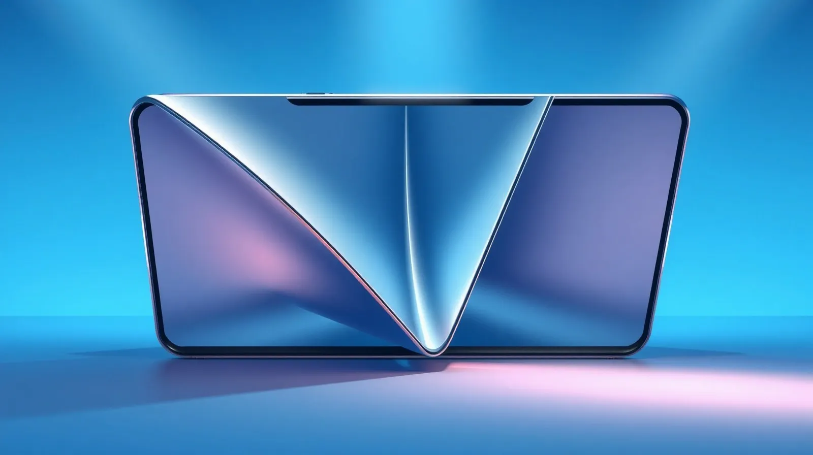 Ilustración abstracta de formas geométricas plegables en tonos azules que representan un dispositivo móvil futurista