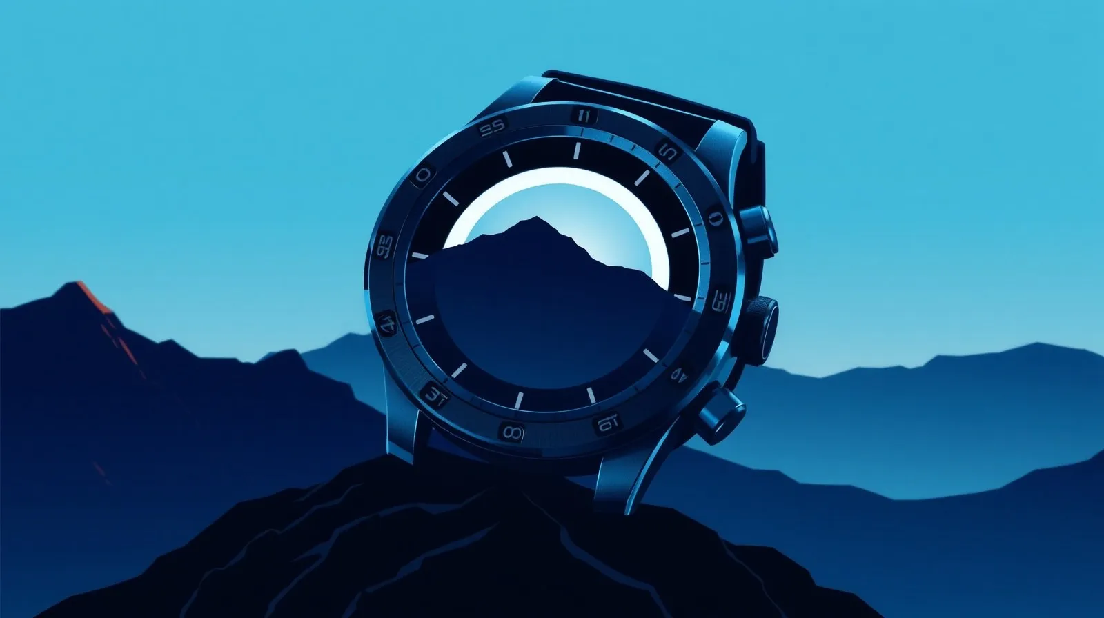 Ilustración abstracta de un smartwatch resistente sobre un fondo de montañas al amanecer
