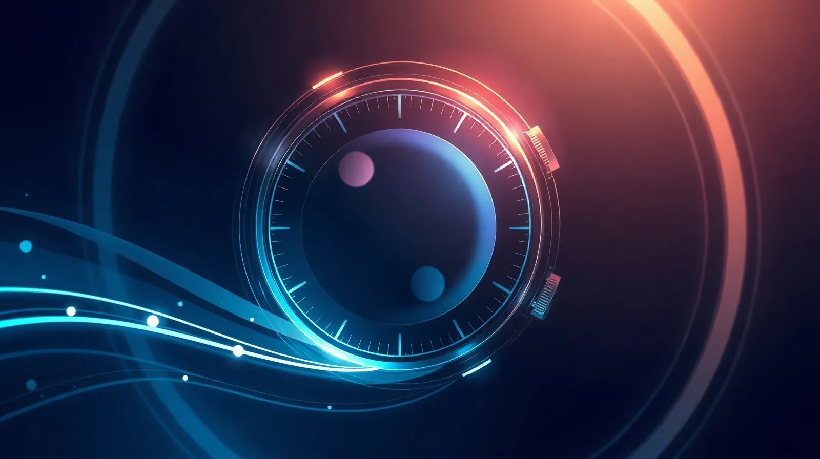 Ilustración abstracta de un reloj inteligente deportivo con formas circulares y líneas de datos en tonos azules y grises