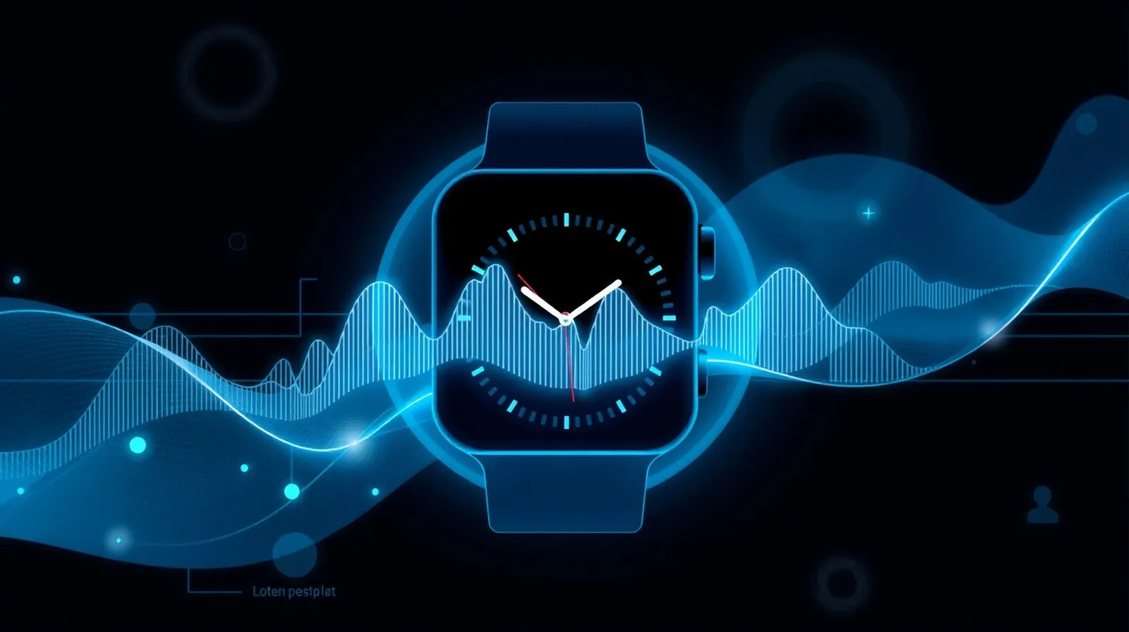 Ilustración abstracta de un reloj inteligente con anillos de datos y ondas de monitoreo de salud