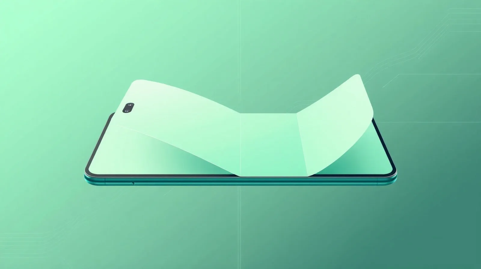 Ilustración abstracta de un teléfono plegable en tono verde pistacho desplegándose