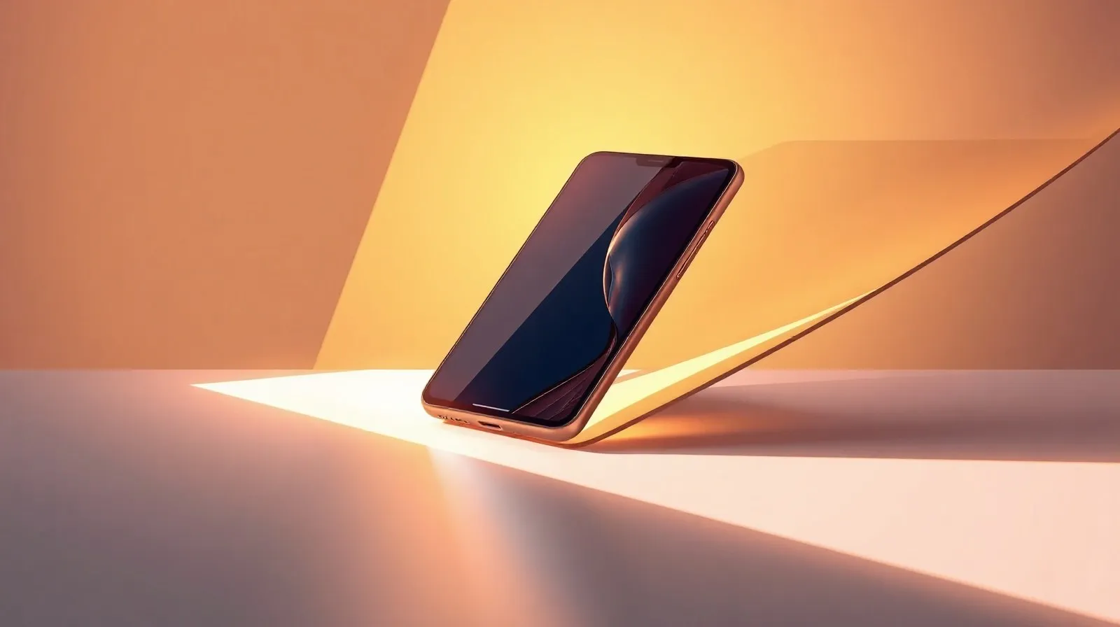 Ilustración abstracta de planos plegados que representan un teléfono plegable premium con tonos dorados y azules
