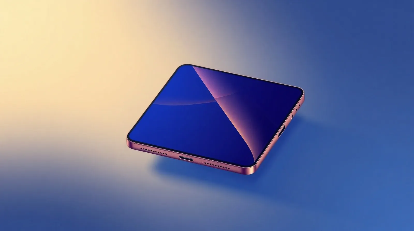 Ilustración abstracta de un teléfono plegable desplegándose con tonos azules y dorados
