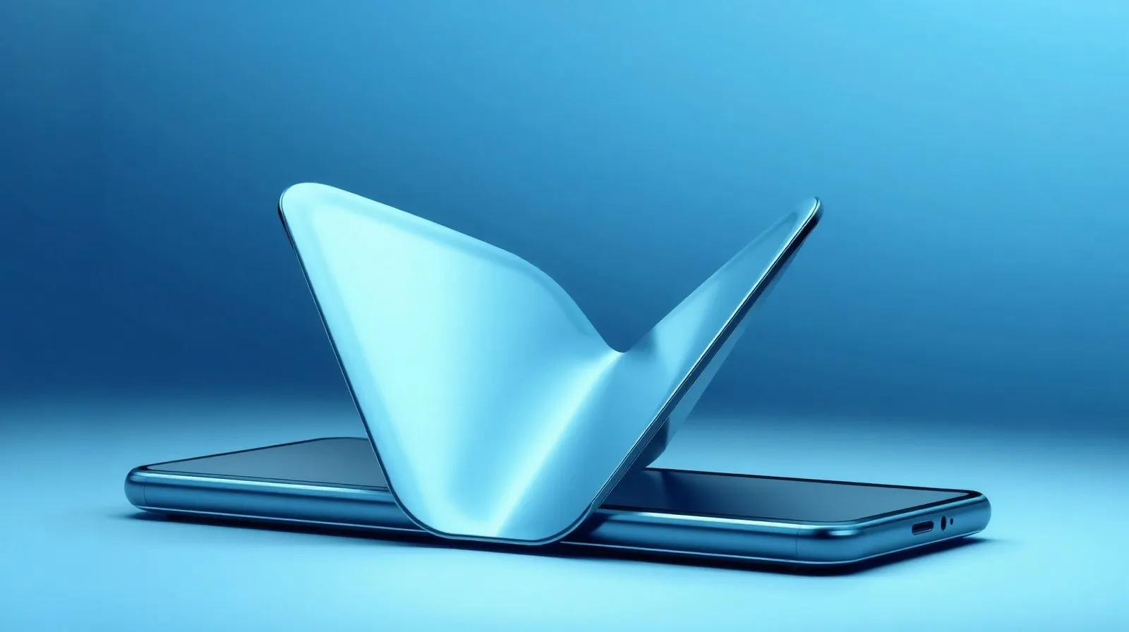 Ilustración abstracta de un dispositivo plegable desplegándose en tonos azules y plateados
