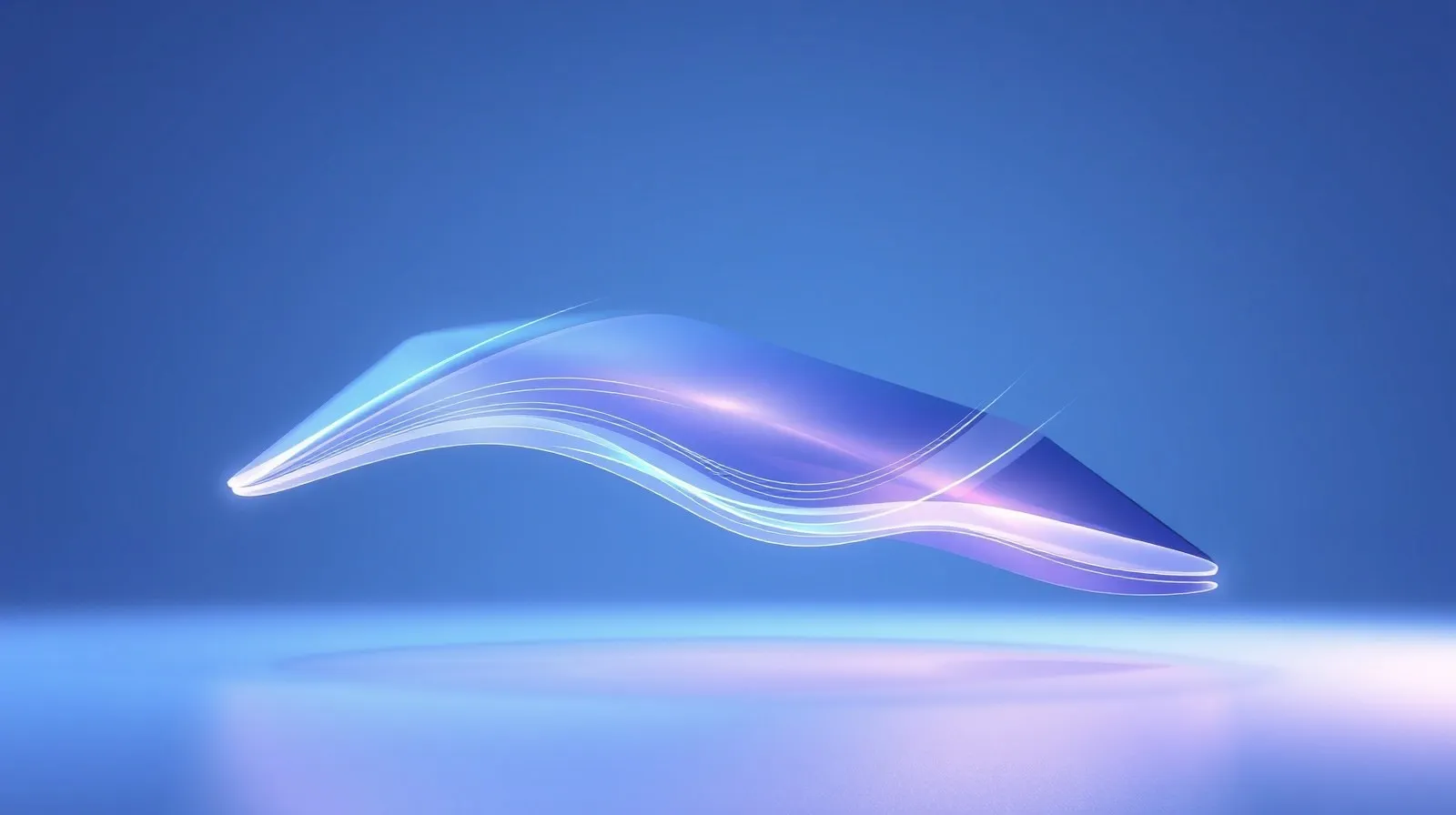 Ilustración abstracta de un dispositivo plegable con paneles de luz y una bisagra delgada en tonos violeta y azul