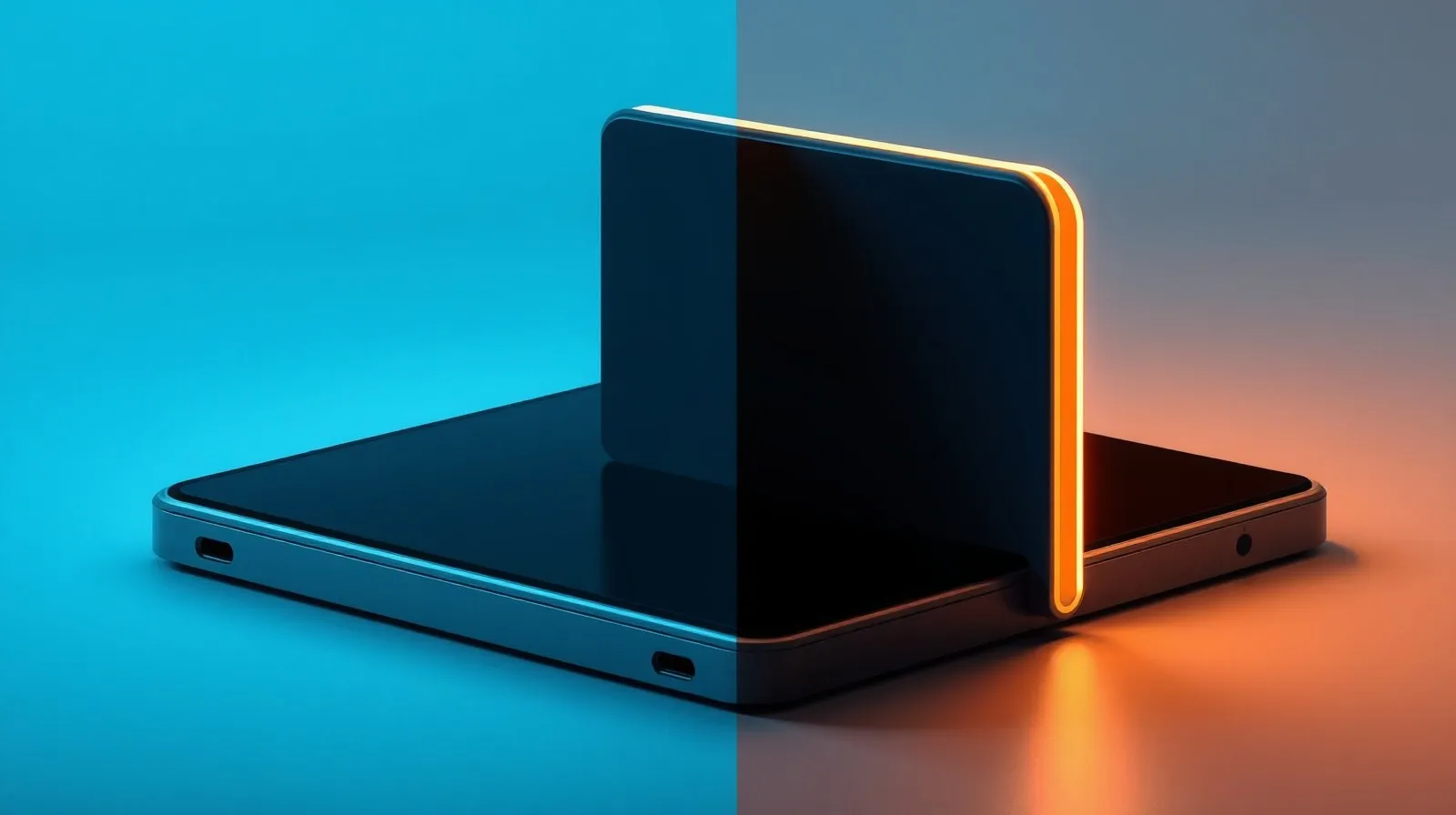 Ilustración abstracta de dos teléfonos plegables enfrentados, representando la comparación entre modelos de Samsung y Motorola