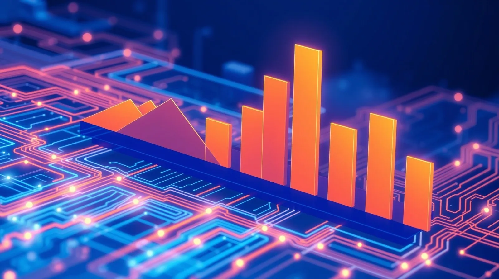 Ilustración abstracta de gráficos de barras y patrones de circuitos representando pruebas de rendimiento tecnológico