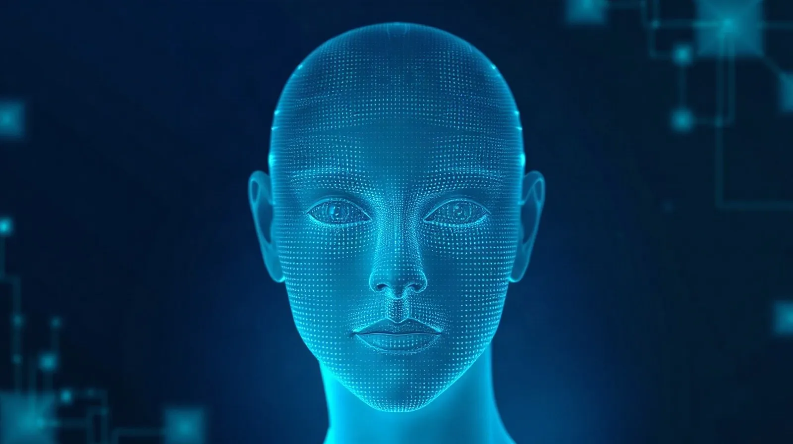 Ilustración abstracta de un rostro digital luminoso que representa un avatar de inteligencia artificial