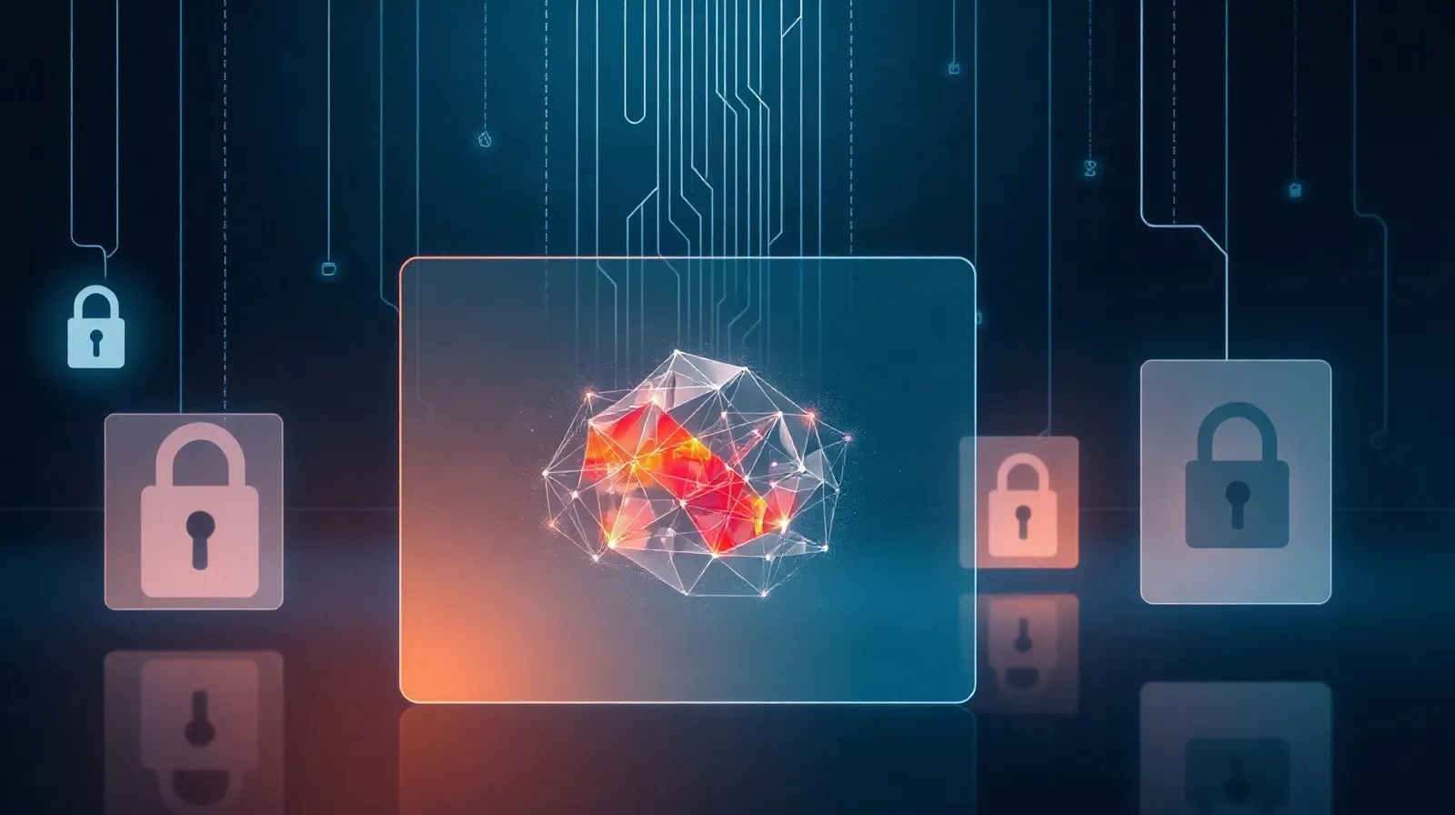 Ilustración abstracta de una red neuronal digital parcialmente encerrada tras barreras translúcidas, representando el acceso restringido a un modelo de inteligencia artificial