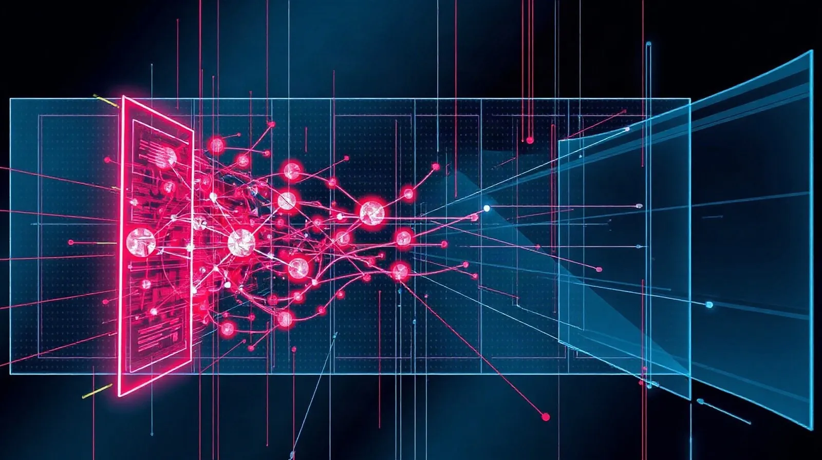 Ilustración abstracta de una red neuronal digital rompiendo una barrera de contención de seguridad