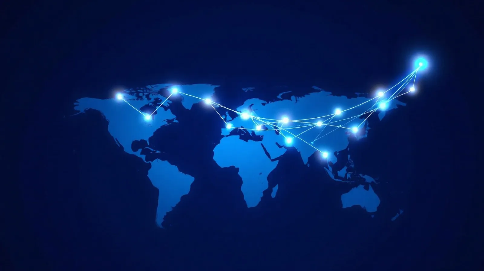 Ilustración abstracta de una red de nodos luminosos en tonos azules y violetas representando el crecimiento global de una aplicación de inteligencia artificial