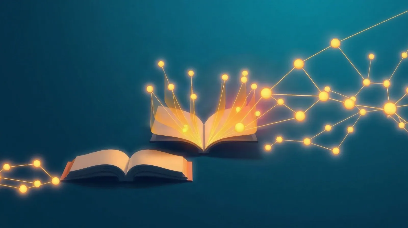 Ilustración abstracta de libros digitales conectados a una red de inteligencia artificial