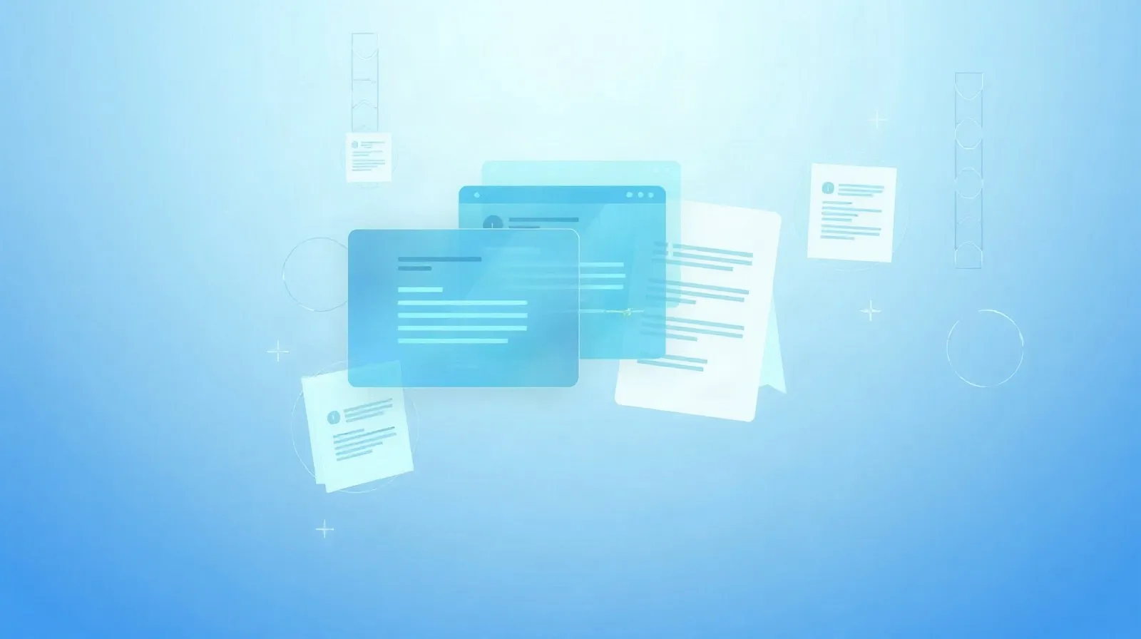 Ilustración abstracta de documentos y hojas de cálculo flotando junto a una interfaz de chat con inteligencia artificial