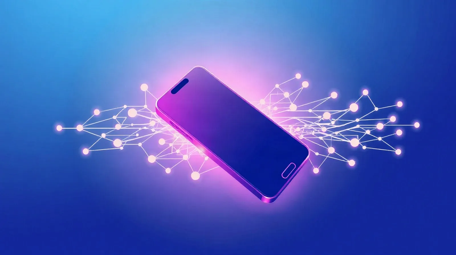 Ilustración abstracta de un teléfono inteligente conectado a patrones de inteligencia artificial en tonos azules y violetas