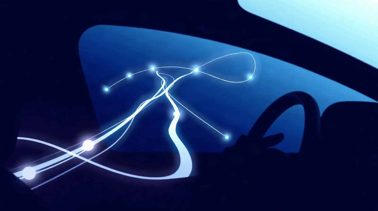 Ilustración abstracta de luces y rutas digitales representando un asistente de inteligencia artificial dentro de un automóvil