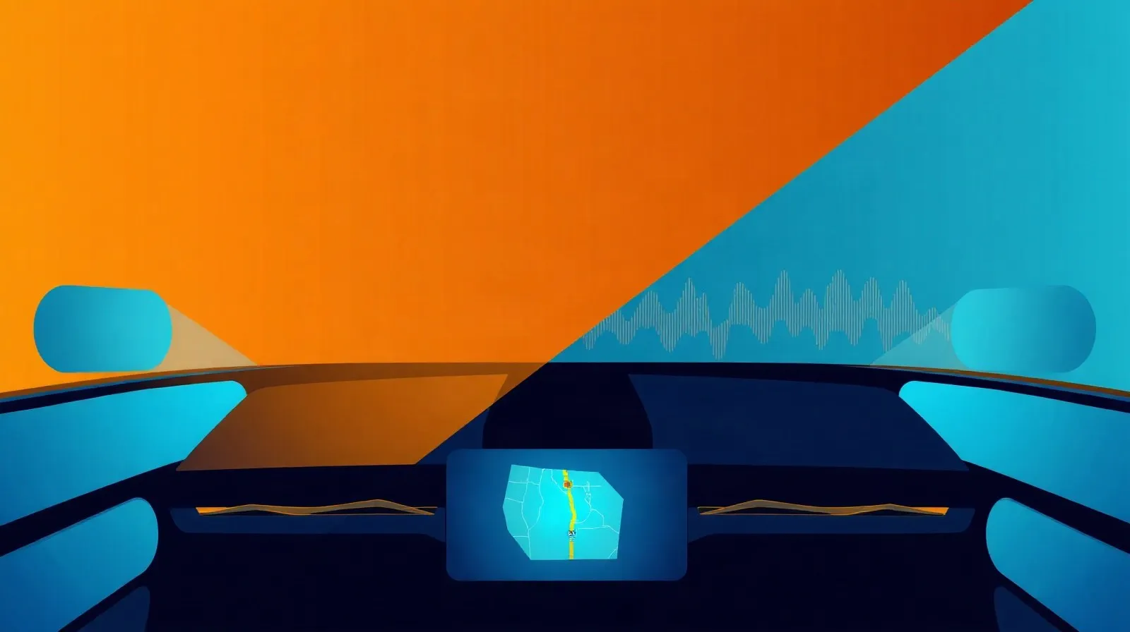 Ilustración abstracta de una pantalla de auto dividida entre navegación y música