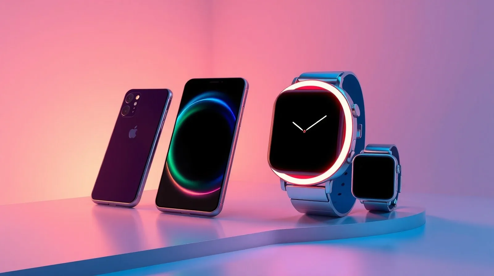 Ilustración abstracta de un teléfono y un reloj inteligente con luces RGB futuristas