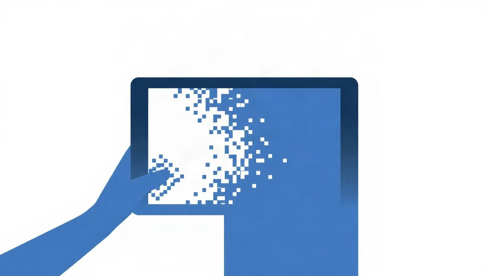 Ilustración abstracta de una tablet que se desvanece en fragmentos, representando la descontinuación de un producto tecnológico