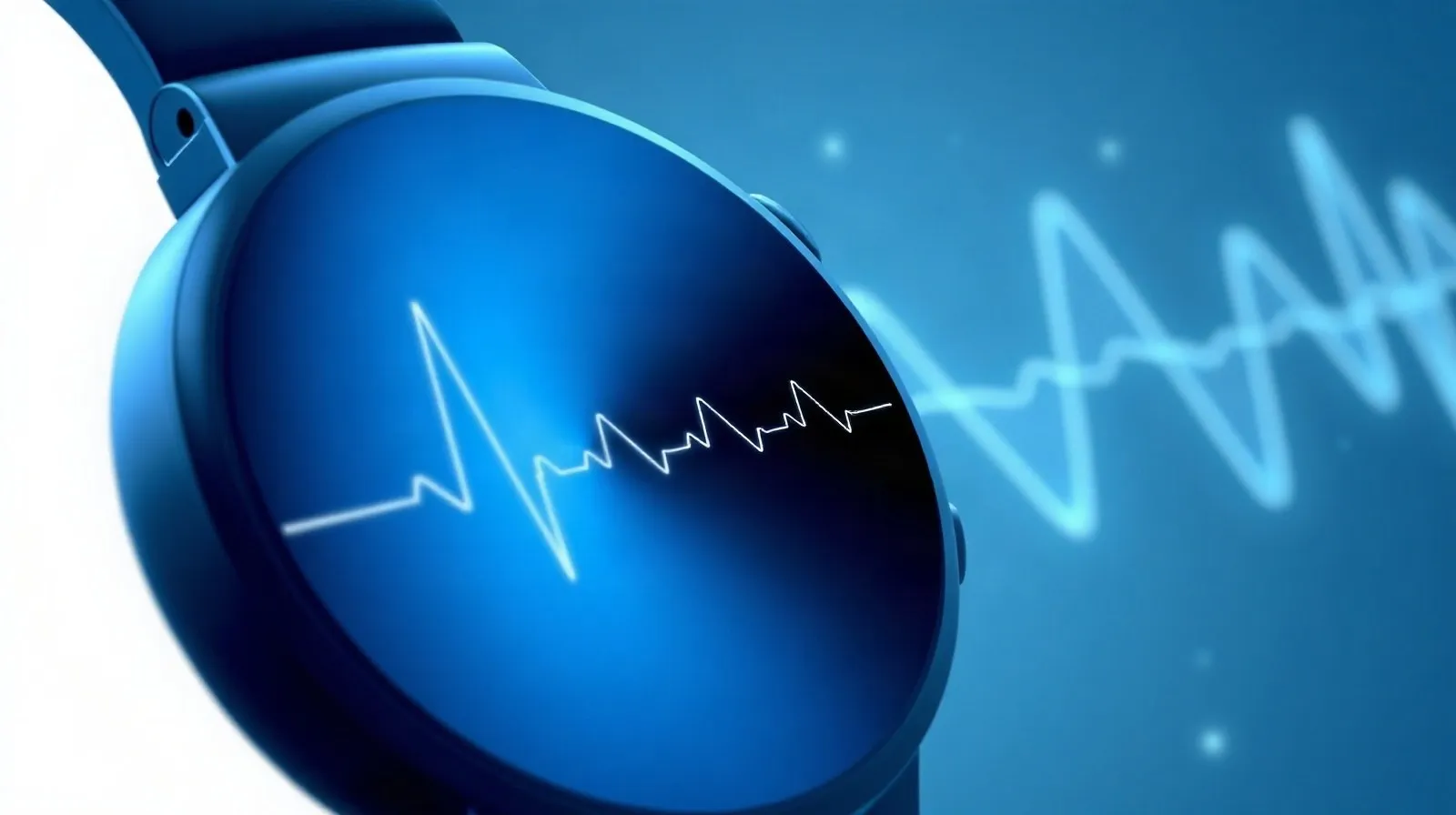 Ilustración abstracta de ondas de pulso y salud digital en tonos azules representando un reloj inteligente