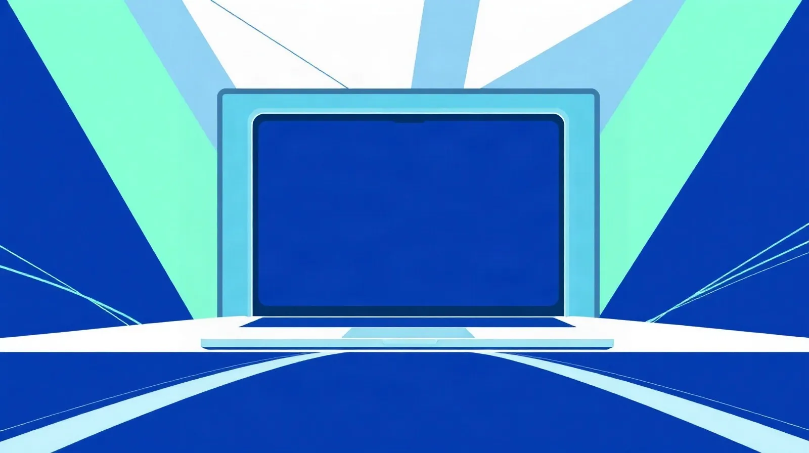 Ilustración abstracta en tonos azules y verdes que representa el lanzamiento de una nueva línea de laptops