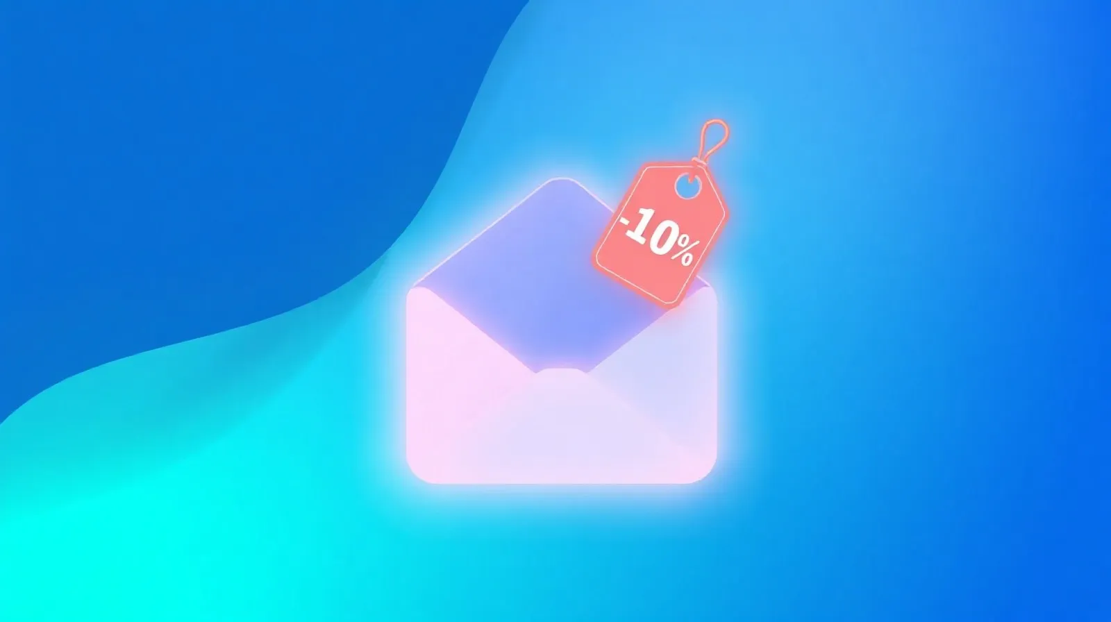 Ilustración abstracta de un sobre y una etiqueta de descuento representando una promoción de preventa de un teléfono