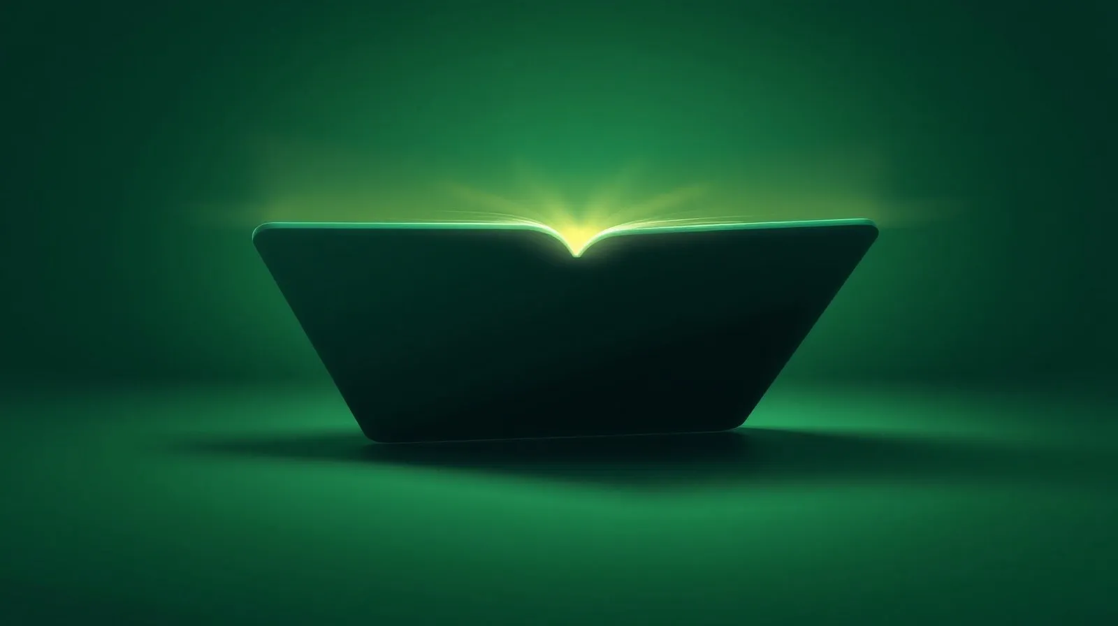 Ilustración abstracta de un teléfono plegable abriéndose con luz en la bisagra, en tonos verdes y oscuros