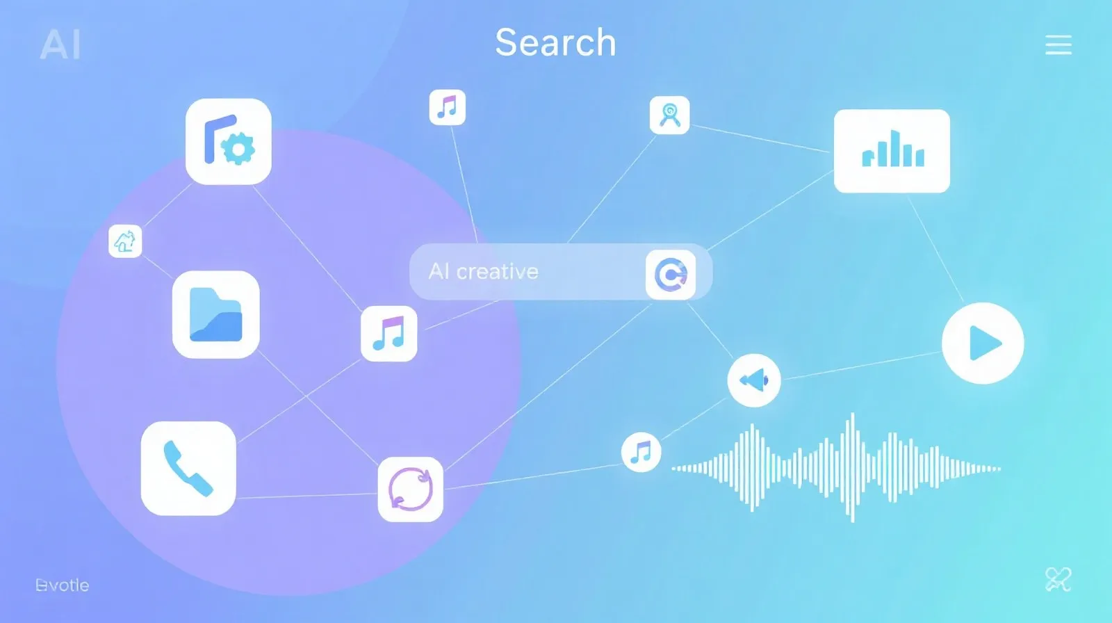 Ilustración abstracta de nodos conectados que representan la integración de IA en búsquedas con apps de diseño y música