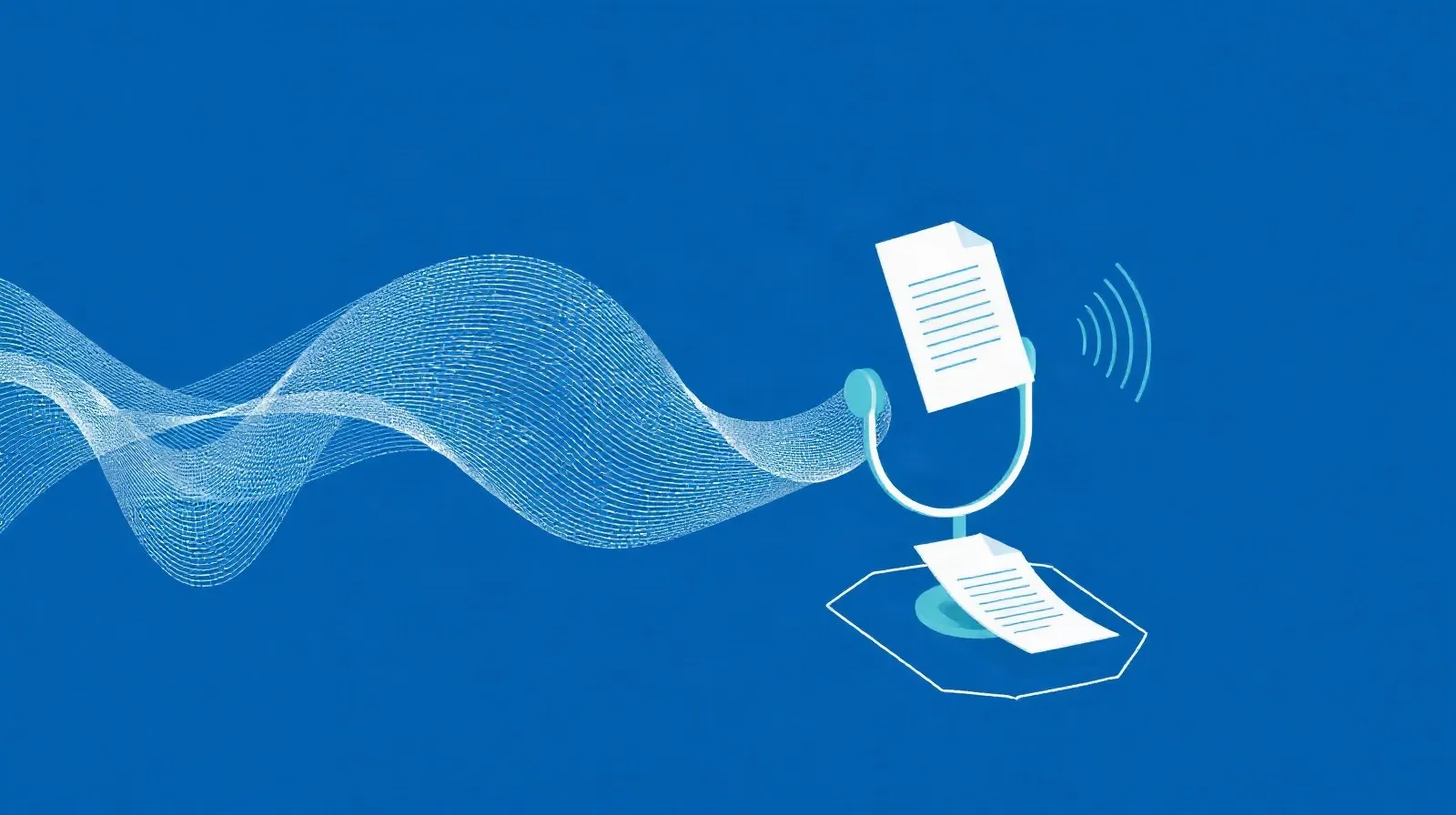 Ilustración abstracta de ondas de voz combinadas con formas geométricas que representan documentos y notas digitales