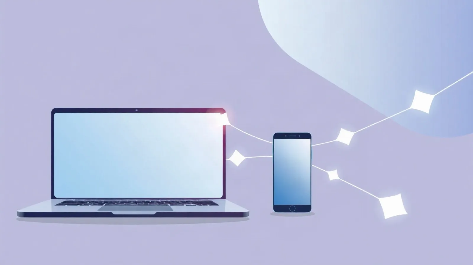 Ilustración abstracta de una laptop y un teléfono conectados por líneas de luz representando la sincronización entre dispositivos