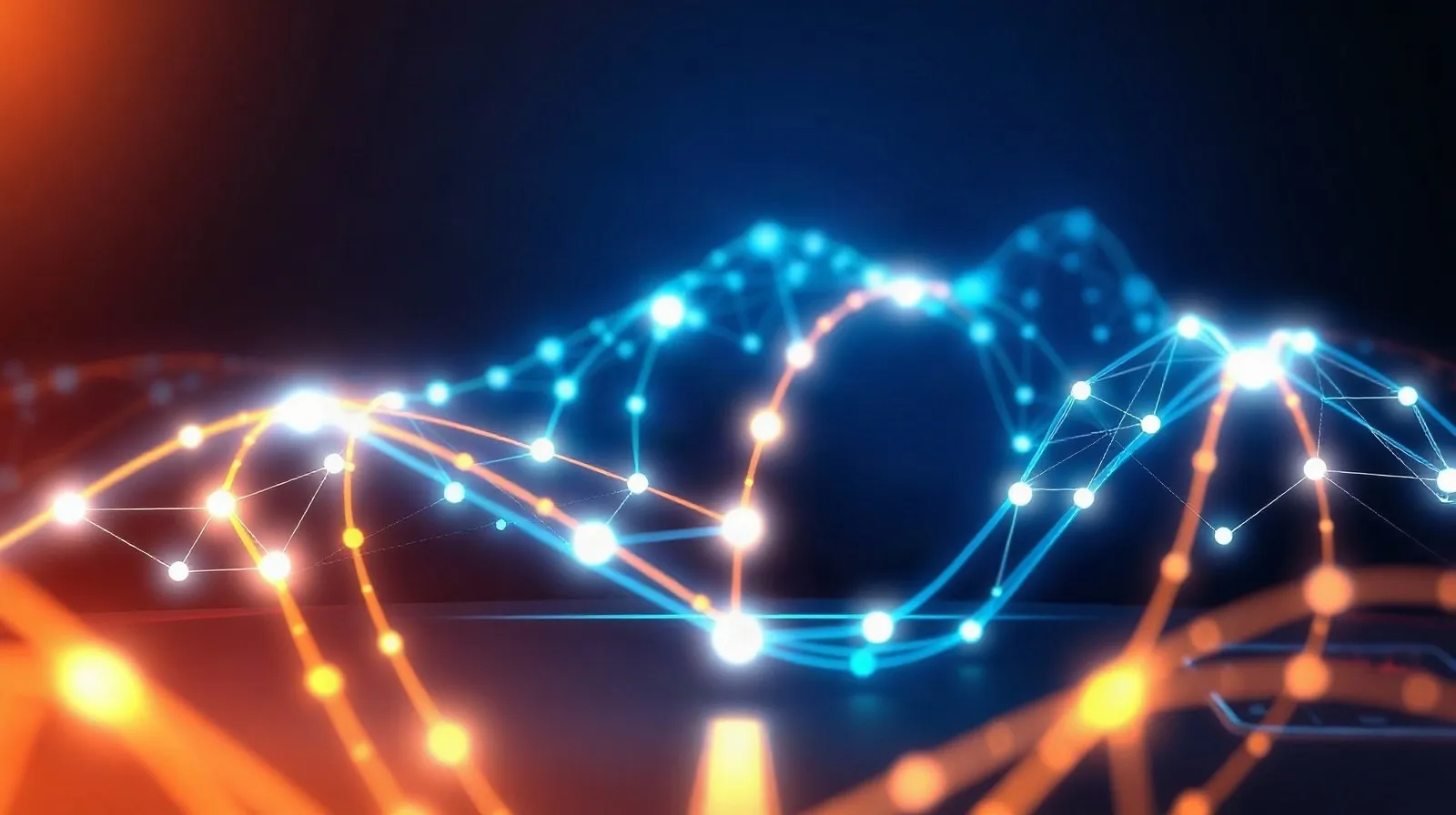 Ilustración abstracta de una ruta de navegación combinada con patrones de inteligencia artificial en tonos azules y ámbar