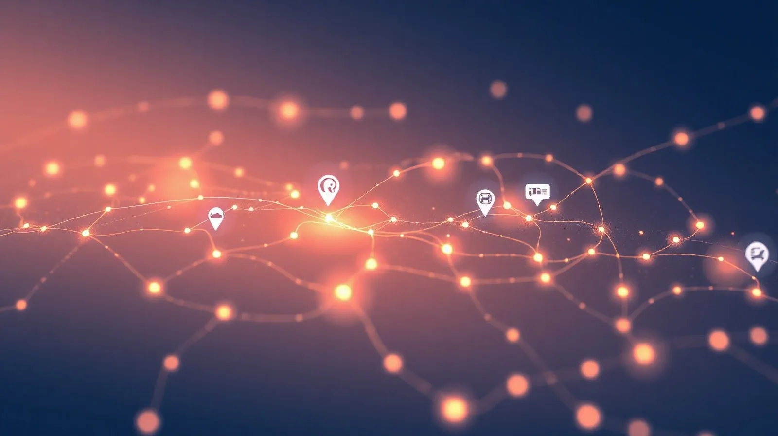 Ilustración abstracta de un mapa digital iluminado con rutas y símbolos de comida y transporte integrados
