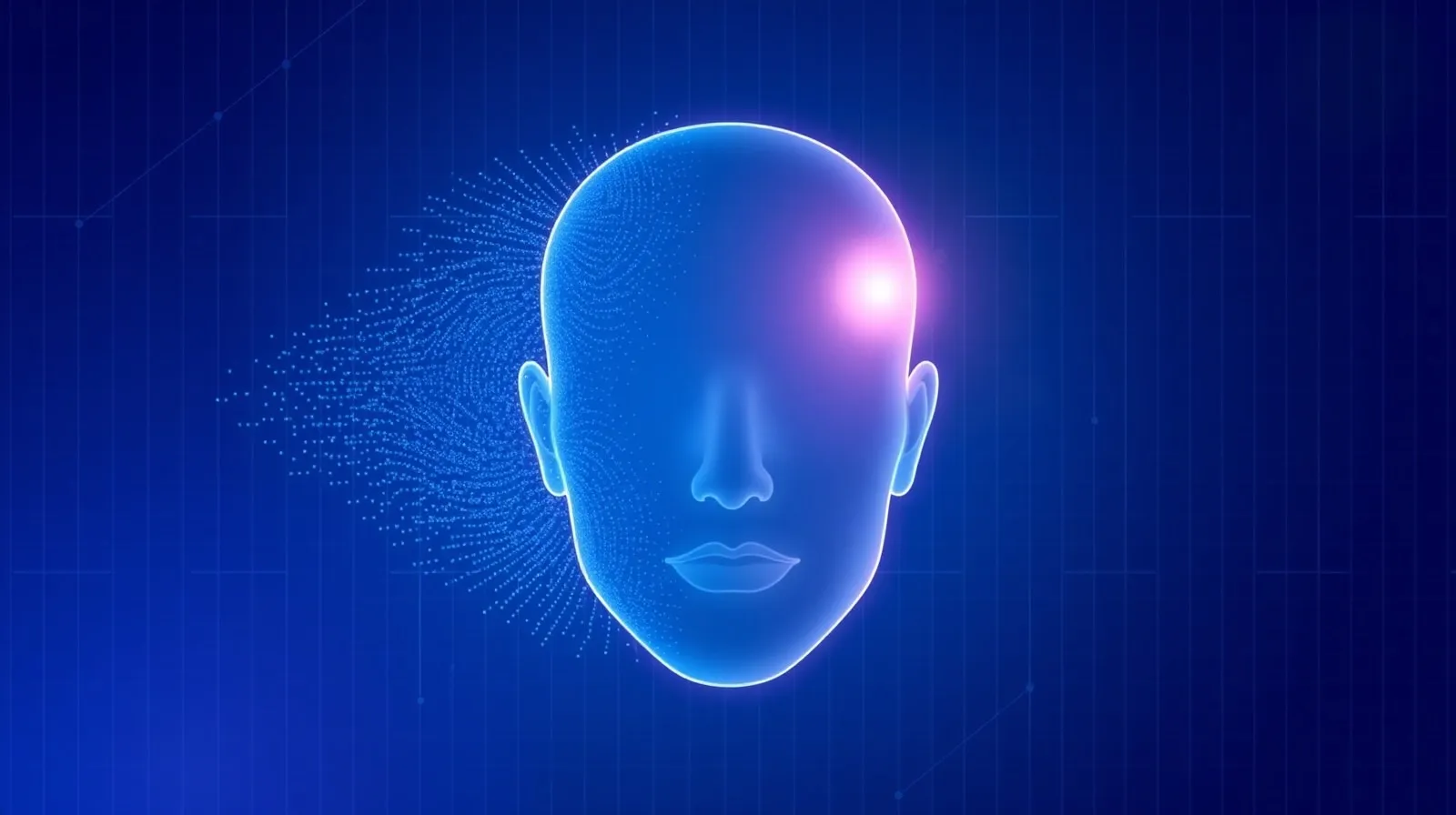 Ilustración abstracta de un rostro digital formado por partículas de luz sobre un fondo de cuadrícula tecnológica
