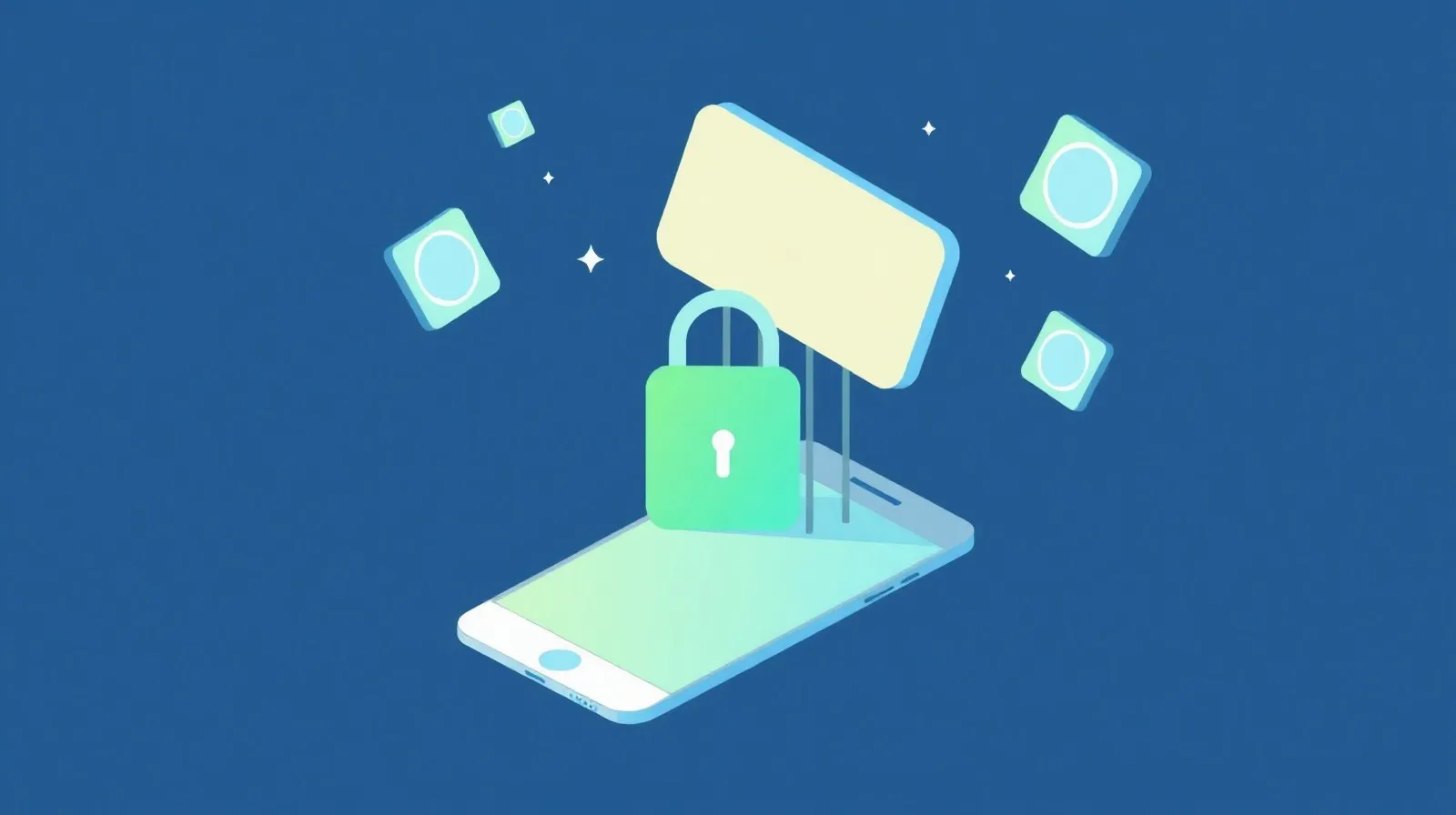 Ilustración abstracta de íconos de aplicaciones saliendo de una puerta digital en un teléfono, representando la apertura de tiendas de apps alternativas en Android