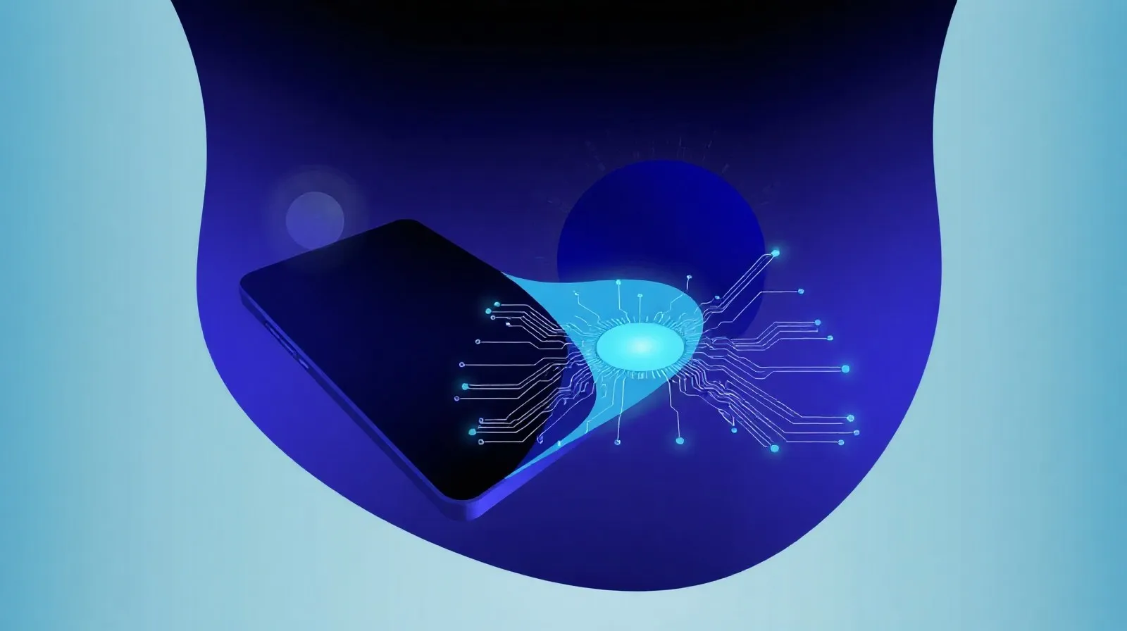 Ilustración abstracta de formas geométricas y luces que representan el lanzamiento de nuevos teléfonos inteligentes