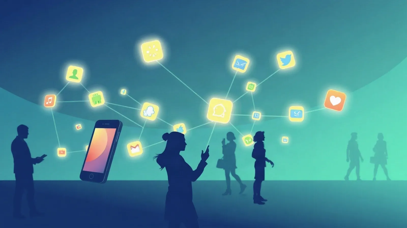 Ilustración abstracta de íconos de aplicaciones conectados entre siluetas de teléfonos, representando el intercambio de apps en una tienda digital