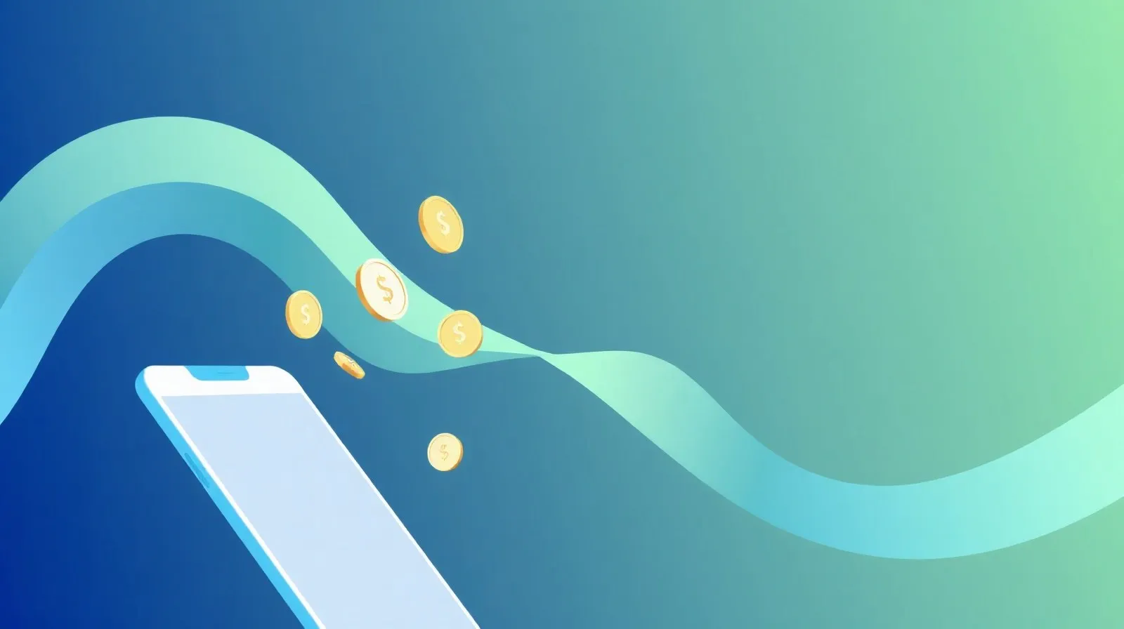 Ilustración abstracta de pagos digitales y compras móviles con formas geométricas en tonos azules y verdes