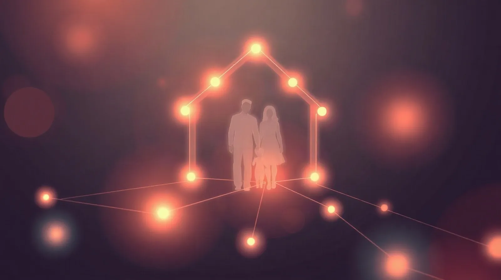 Ilustración abstracta de nodos conectados representando una familia vinculada por inteligencia artificial