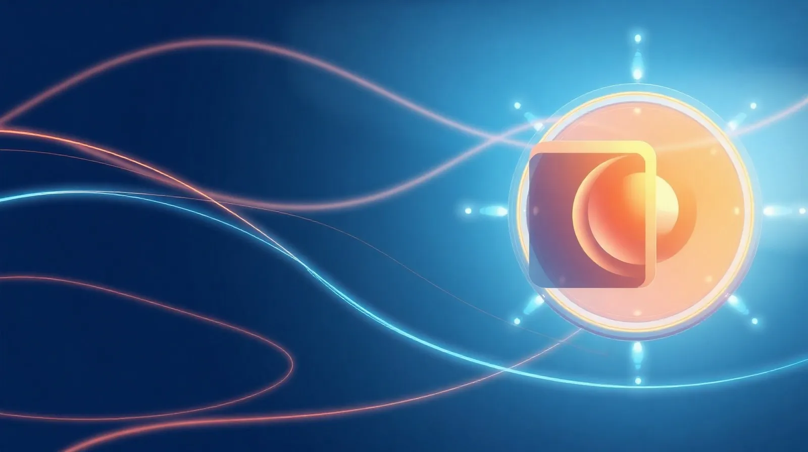 Ilustración abstracta que representa tecnología de creación de video con formas de lentes y trazos de luz
