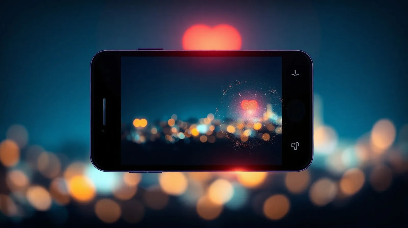 Ilustración abstracta de un lente de cámara de smartphone capturando luces nocturnas con destellos y bokeh
