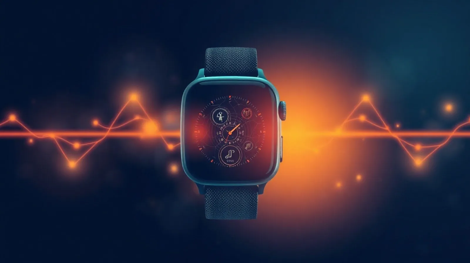 Ilustración abstracta de un reloj inteligente con patrones de inteligencia artificial y ondas de datos de salud