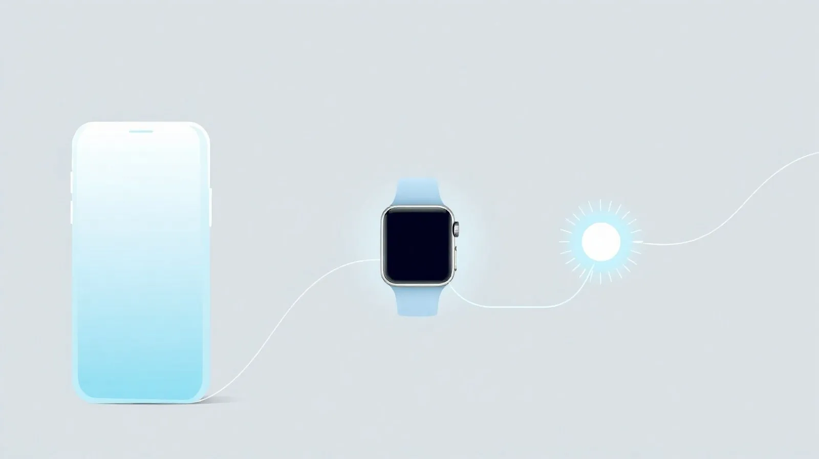 Ilustración abstracta de formas geométricas que representan un teléfono, un reloj inteligente y un pequeño localizador conectados por líneas de luz