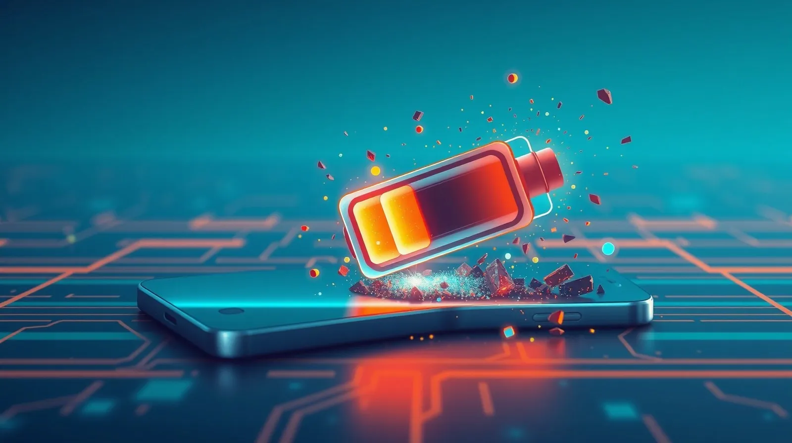Ilustración abstracta de un ícono de batería de smartphone perdiendo energía en partículas digitales