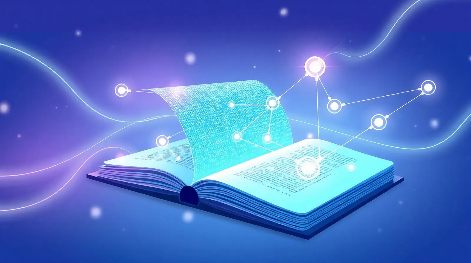 Ilustración abstracta de un cuaderno digital conectado a flujos de datos representando inteligencia artificial