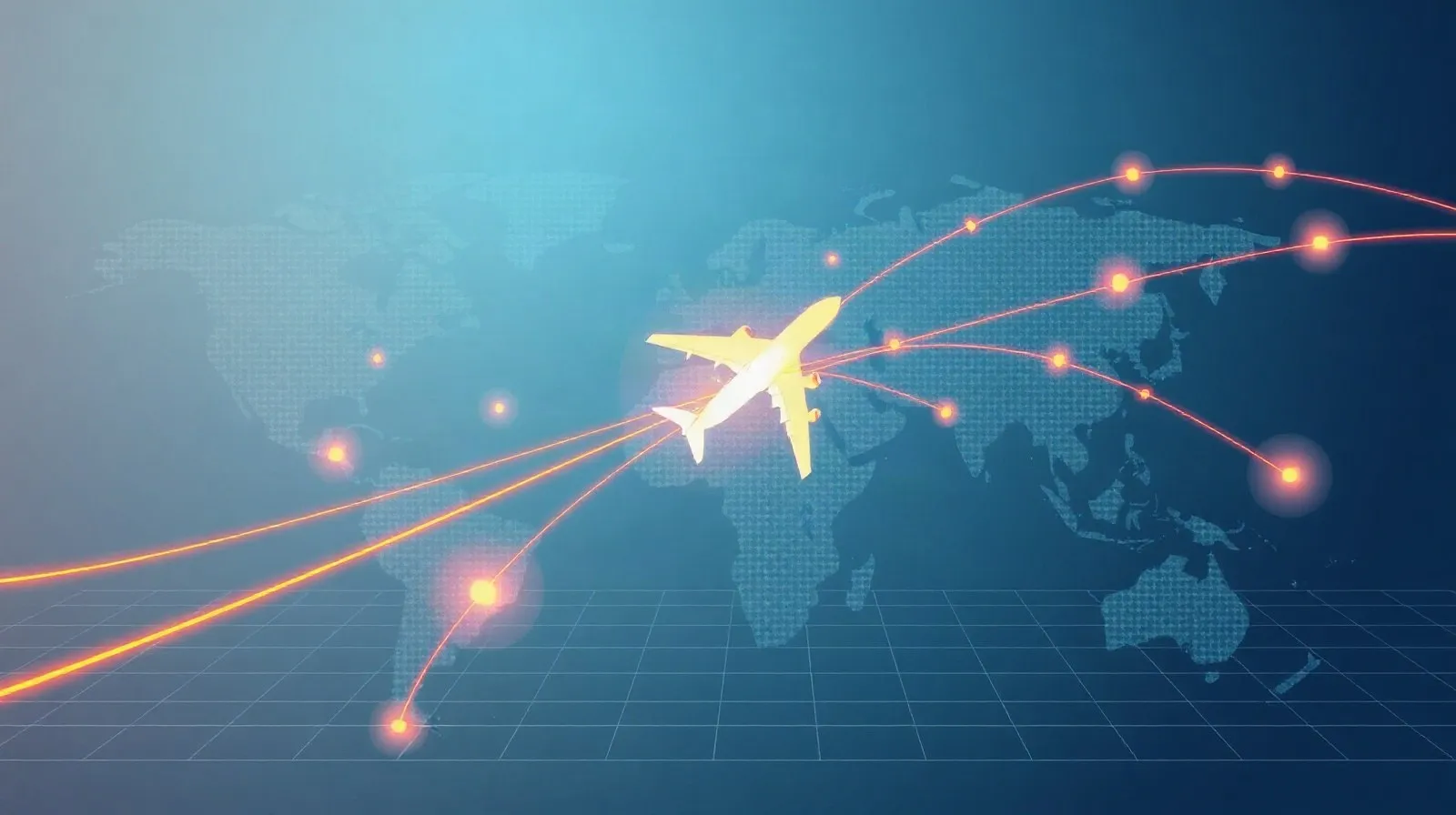 Ilustración abstracta de rutas de vuelo y nodos digitales representando búsqueda de viajes con inteligencia artificial