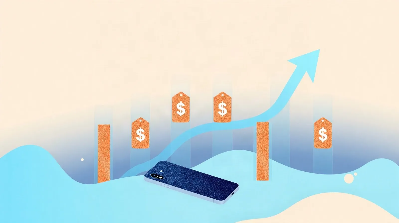 Ilustración abstracta de flechas ascendentes y formas geométricas que simbolizan el aumento de precios en smartphones
