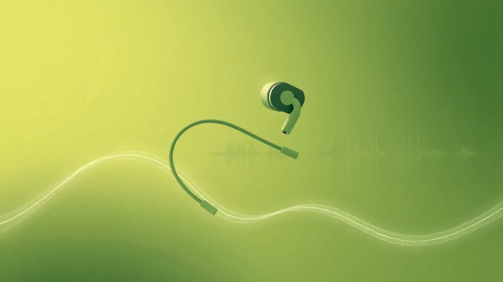 Ilustración abstracta de audífonos inalámbricos en tono olivo rodeados de ondas de sonido
