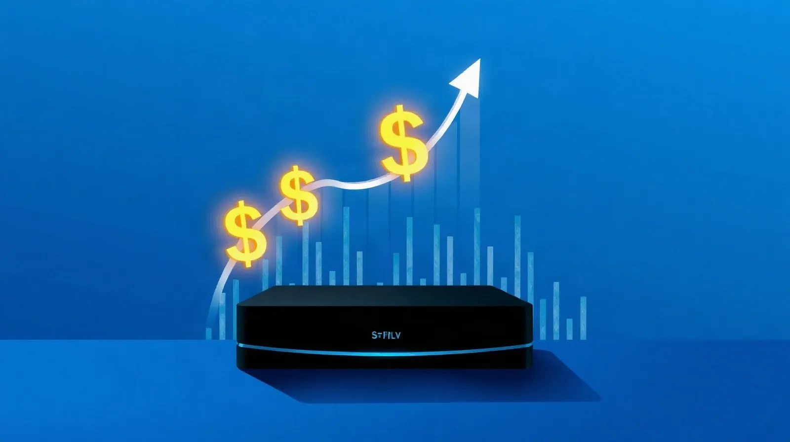 Ilustración abstracta de un dispositivo de streaming con líneas ascendentes que representan un aumento de precio