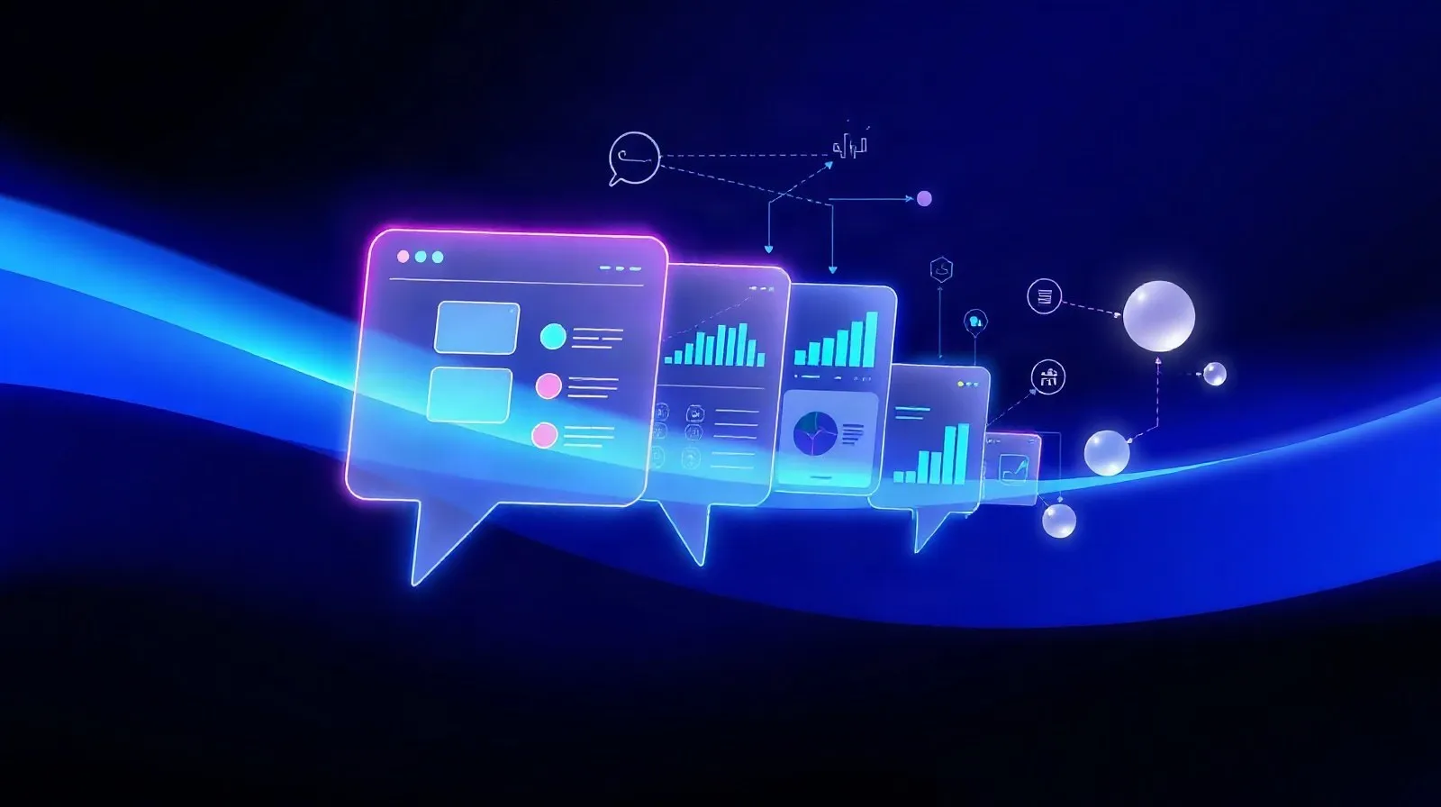 Ilustración abstracta de una conversación de chat transformándose en paneles visuales e interactivos con tonos azules y violetas